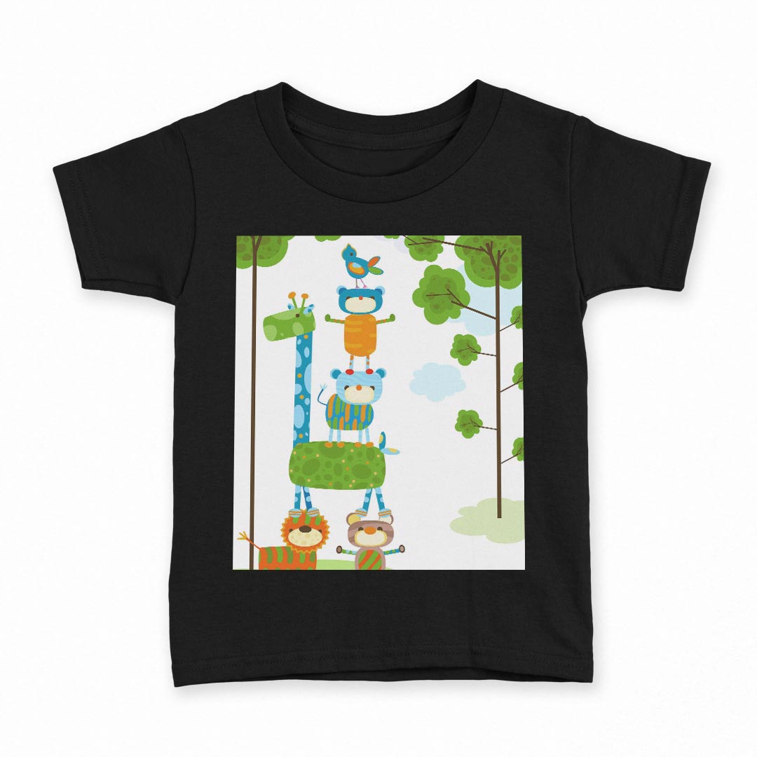 tシャツ キッズ 半袖 黒地 ブラック デザイン 90 100 110 120 130 140 150 Tシャツ ティーシャツ T shirt 005276 動物　緑　イラスト