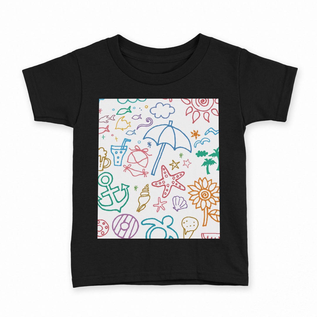 tシャツ キッズ 半袖 黒地 ブラック デザイン 90 100 110 120 130 140 150 160 Tシャツ ティーシャツ T shirt 005342 海　太陽　夏　イラスト