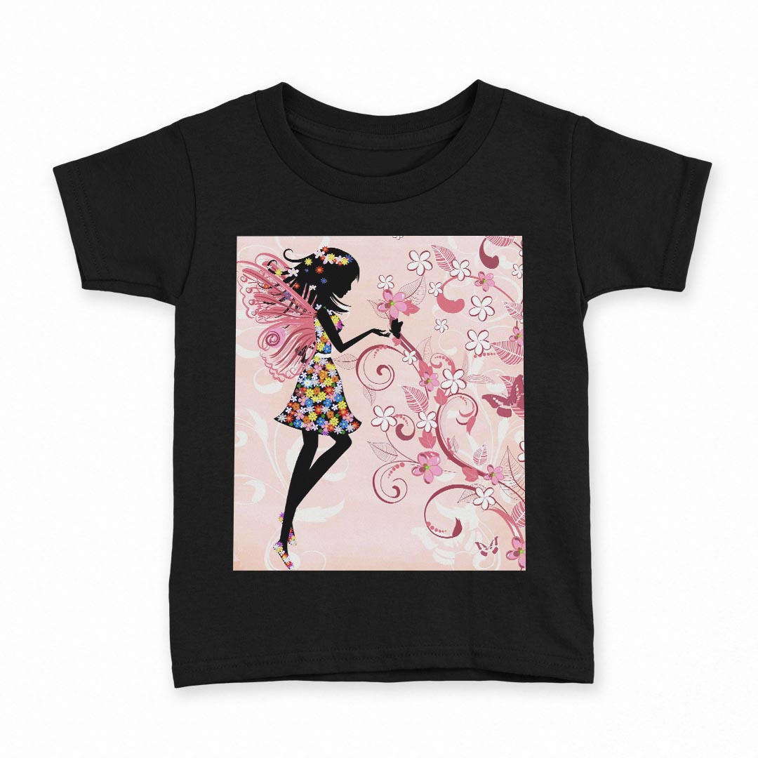 tシャツ キッズ 半袖 黒地 ブラック デザイン 90 100 110 120 130 140 150 160 Tシャツ ティーシャツ T shirt 005591 妖精　花　フラワー