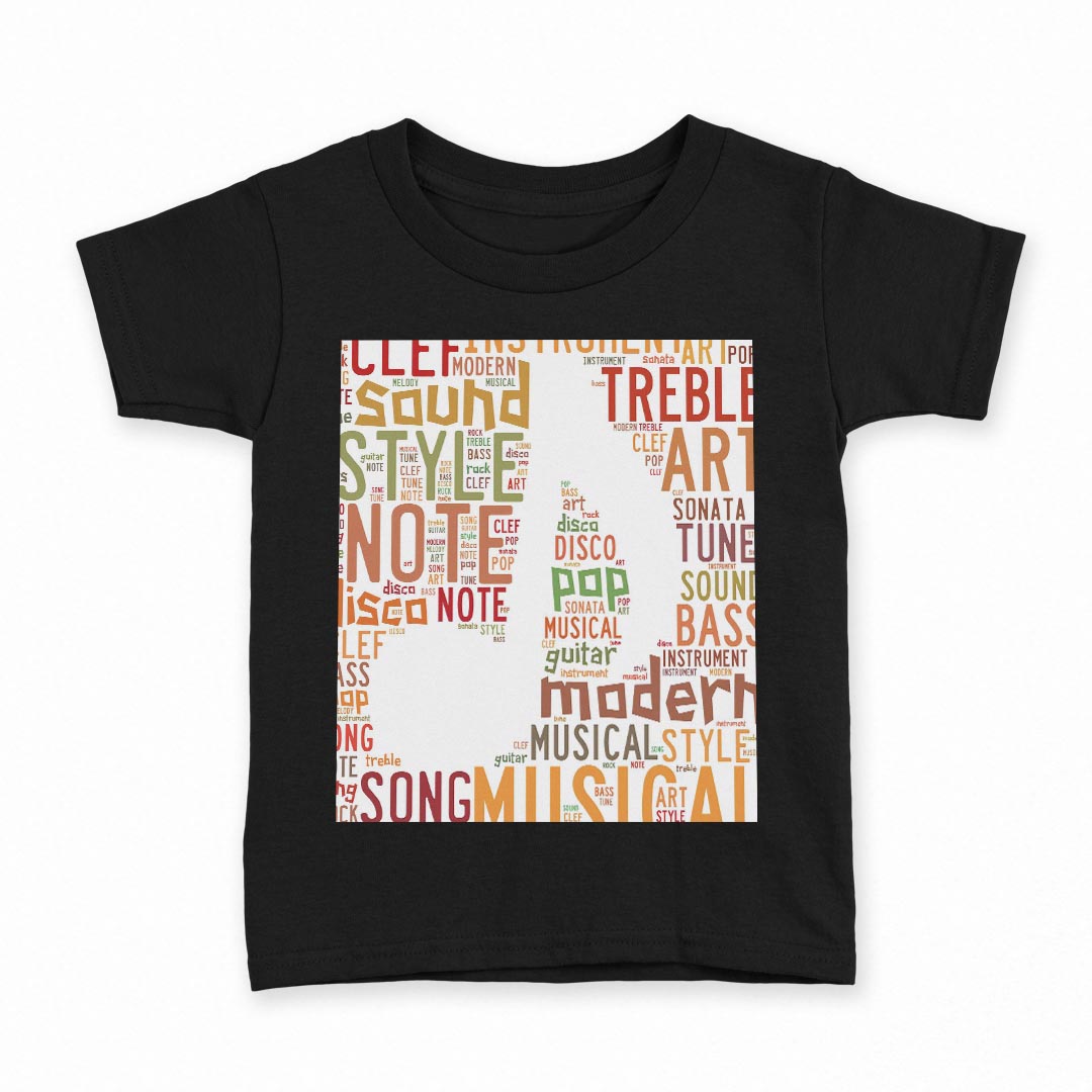 tシャツ キッズ 半袖 黒地 ブラック デザイン 90 100 110 120 130 140 150 160 Tシャツ ティーシャツ T shirt 006045 音符　英語　文字
