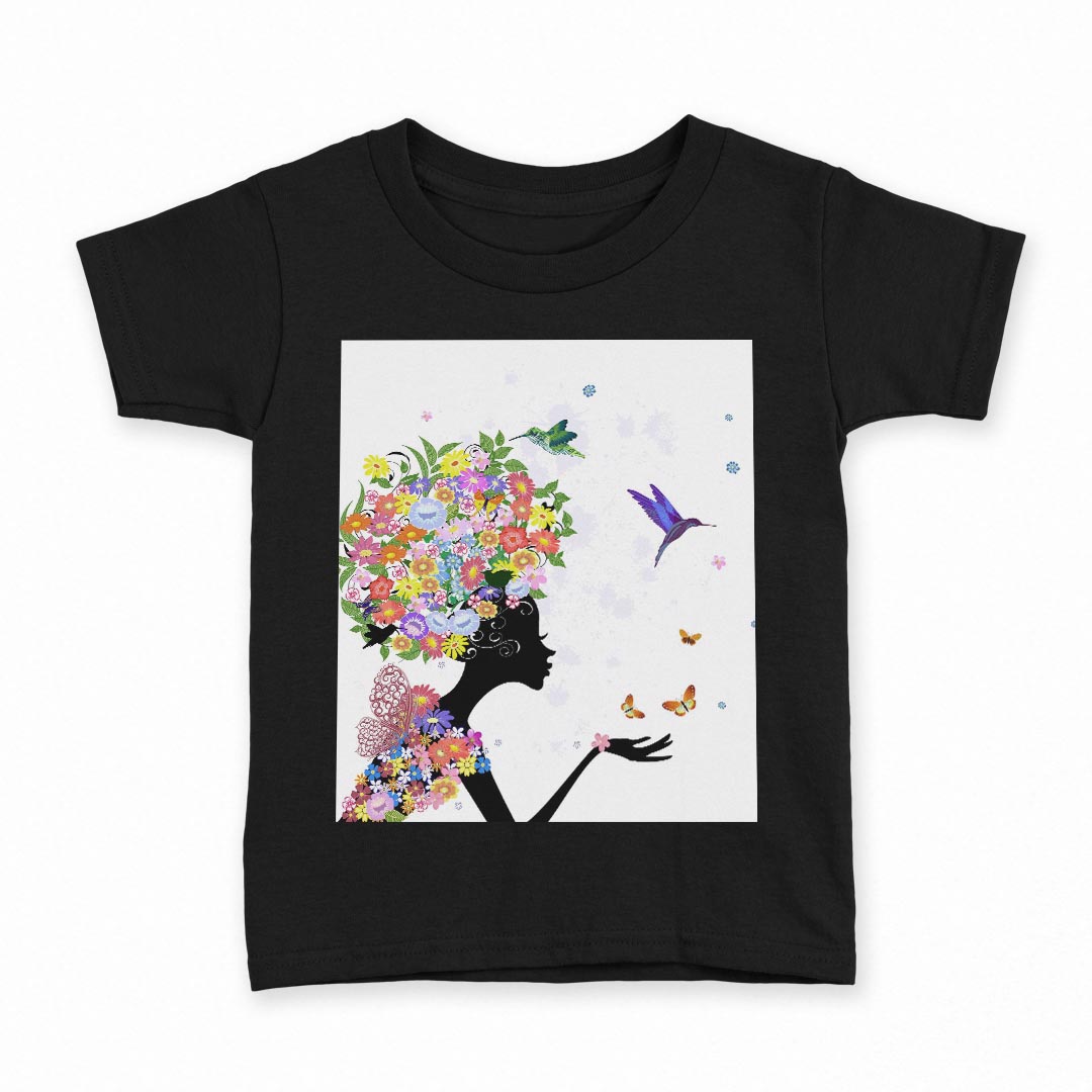 tシャツ キッズ 半袖 黒地 ブラック デザイン 90 100 110 120 130 140 150 160 Tシャツ ティーシャツ T shirt 006650 花　フラワー　人物