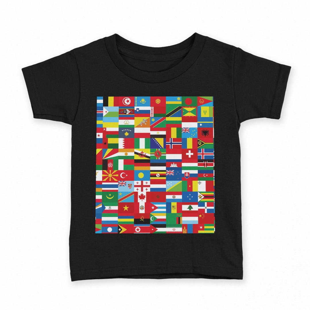tシャツ キッズ 半袖 黒地 ブラック デザイン 90 100 110 120 130 140 150 160 Tシャツ ティーシャツ T shirt 007360 カラフル　国旗　模様のサムネイル