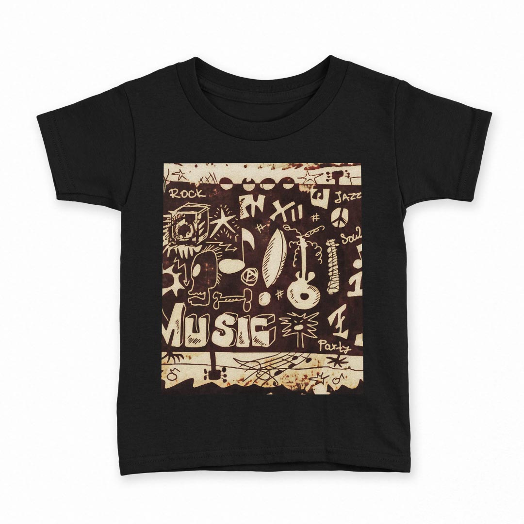 tシャツ キッズ 半袖 黒地 ブラック デザイン 90 100 110 120 130 140 150 160 Tシャツ ティーシャツ T shirt 007376 音楽 楽器 音符 イラスト