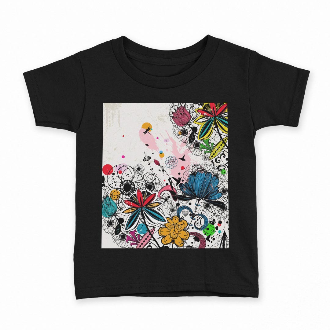 tシャツ キッズ 半袖 黒地 ブラック デザイン 90 100 110 120 130 140 150 160 Tシャツ ティーシャツ T shirt 007594 花　フラワー　カラフル
