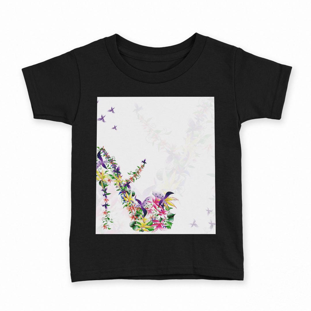 tシャツ キッズ 半袖 黒地 ブラック デザイン 90 100 110 120 130 140 150 160 Tシャツ ティーシャツ T shirt 007701 花 フラワー 靴 ヒール