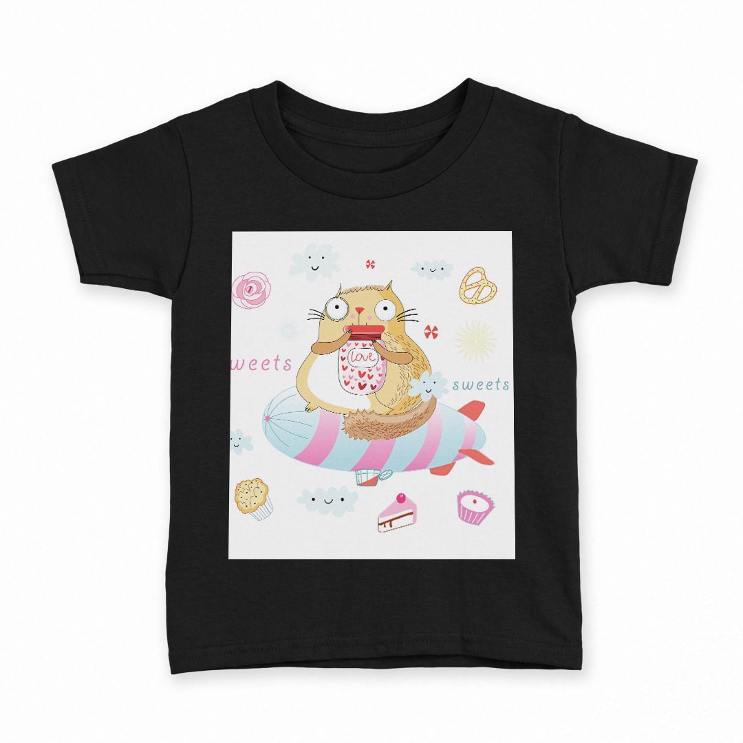 楽天kabeコレtシャツ キッズ 半袖 黒地 ブラック デザイン 90 100 110 120 130 140 150 160 Tシャツ ティーシャツ T shirt 007730 お菓子　イラスト　リス　りす