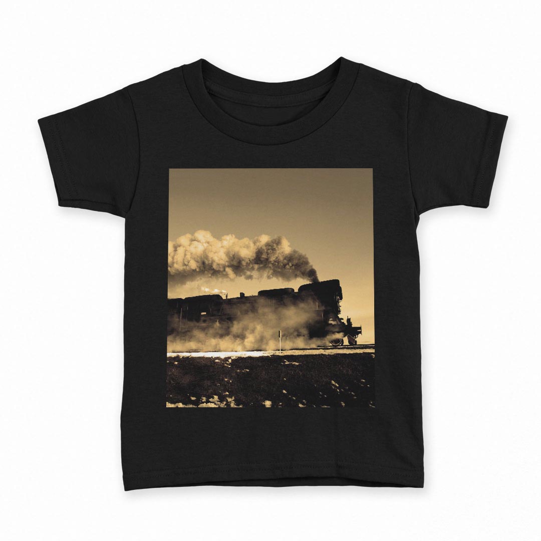 tシャツ キッズ 半袖 黒地 ブラック デザイン 90 100 110 120 130 140 150 160 Tシャツ ティーシャツ T shirt 007901 写真　汽車　乗り物　セピアのサムネイル
