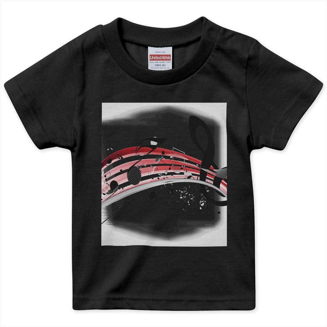 tシャツ キッズ 半袖 黒地 ブラック デザイン 90 100 110 120 130 140 150 160 Tシャツ ティーシャツ T shirt 007929 音符　楽譜　赤　レッド