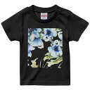 tシャツ キッズ 半袖 黒地 ブラック デザイン 90 100 110 120 130 140 150 Tシャツ ティーシャツ T shirt 007959 花　フラワー　青　ブルー　水彩