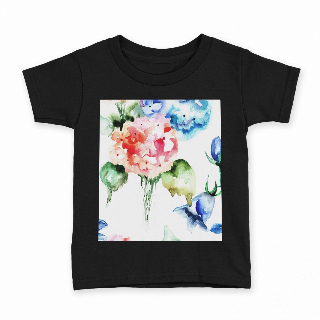 tシャツ キッズ 半袖 黒地 ブラック デザイン 90 100 110 120 130 140 150 160 Tシャツ ティーシャツ T shirt 007960 花　フラワー　青　ブルー　水彩
