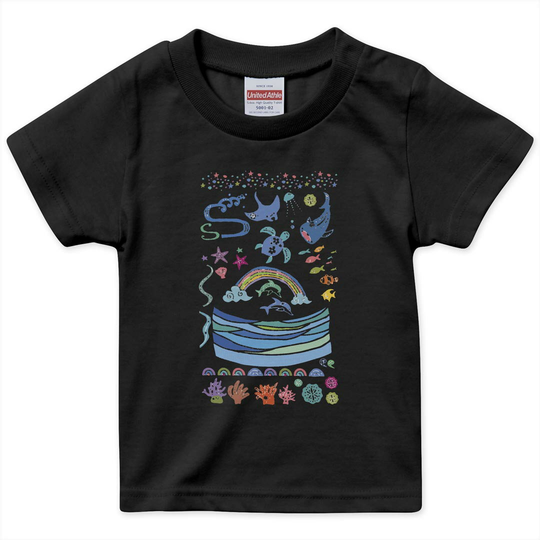 Other - tシャツ キッズ 半袖 黒地 ブラック デザイン 90 100 110 120 130 140 150 160 Tシャツ ティーシャツ T shirt 007994 海　イラスト　虹　イルカ