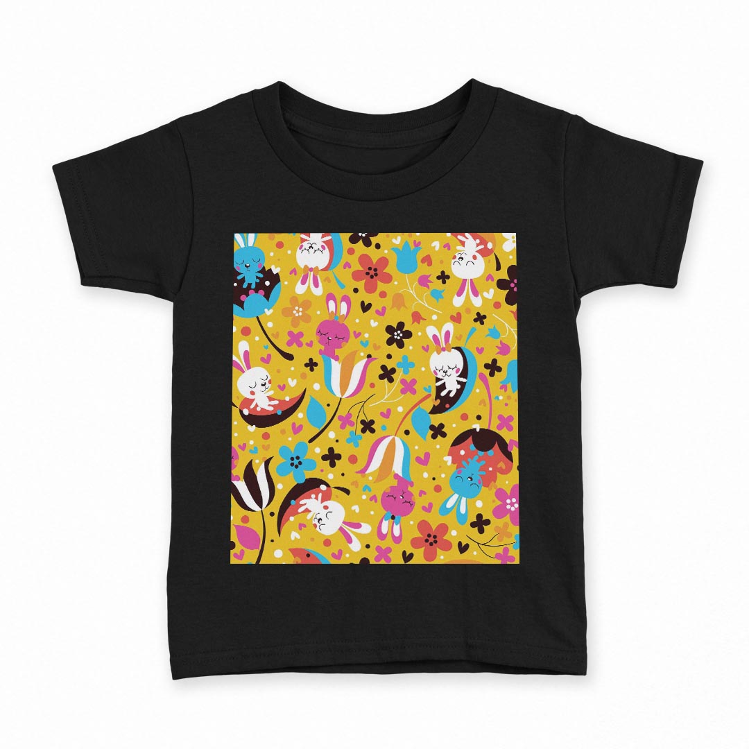 tシャツ キッズ 半袖 黒地 ブラック デザイン 90 100 110 120 130 140 150 160 Tシャツ ティーシャツ T shirt 008076 花 フラワー うさぎ 兎 キャラクター
