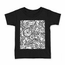 tシャツ キッズ 半袖 黒地 ブラック デザイン 90 100 110 120 130 140 150 Tシャツ ティーシャツ T shirt 008318 イラスト　白黒　歯車