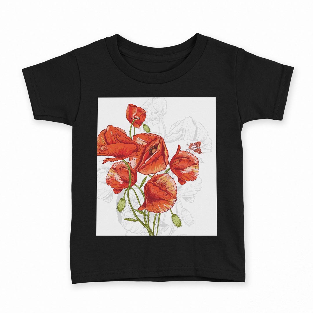tシャツ キッズ 半袖 黒地 ブラック デザイン 90 100 110 120 130 140 150 160 Tシャツ ティーシャツ T shirt 008353 花 フラワー 赤 レッド イラスト