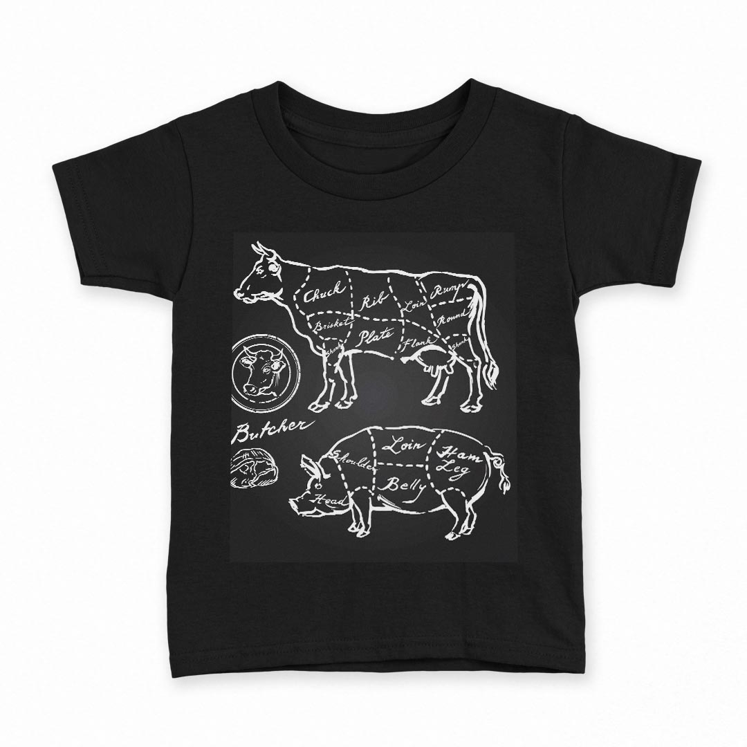 楽天kabeコレtシャツ キッズ 半袖 黒地 ブラック デザイン 90 100 110 120 130 140 150 160 Tシャツ ティーシャツ T shirt 008358 白黒　牛　豚　肉　イラスト