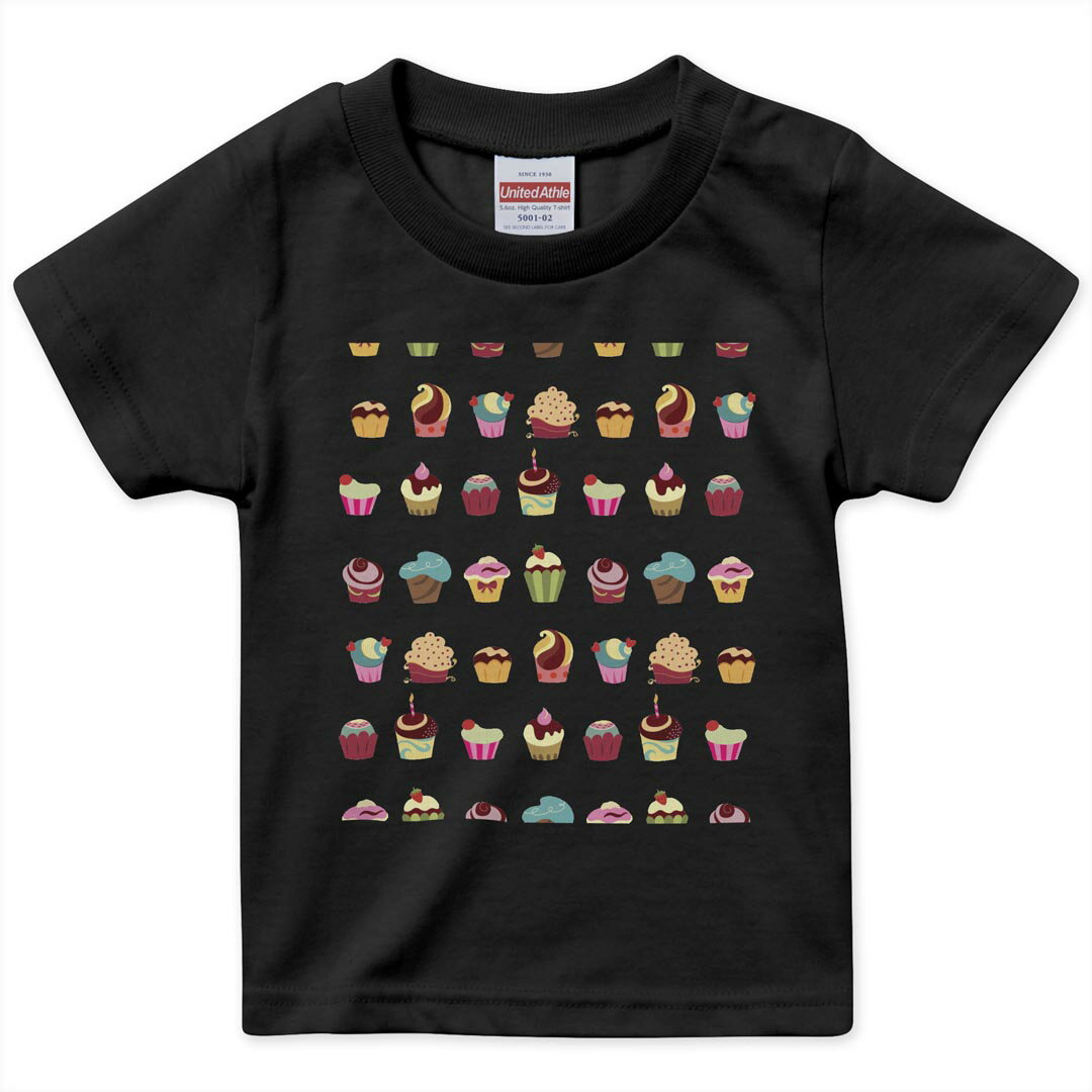 楽天kabeコレtシャツ キッズ 半袖 黒地 ブラック デザイン 90 100 110 120 130 140 150 160 Tシャツ ティーシャツ T shirt 008372 お菓子　スイーツ　カラフル　模様