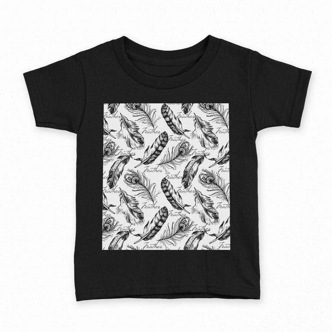 tシャツ キッズ 半袖 黒地 ブラック デザイン 90 100 110 120 130 140 150 160 Tシャツ ティーシャツ T shirt 008517 白黒 モノクロ 羽根 模様