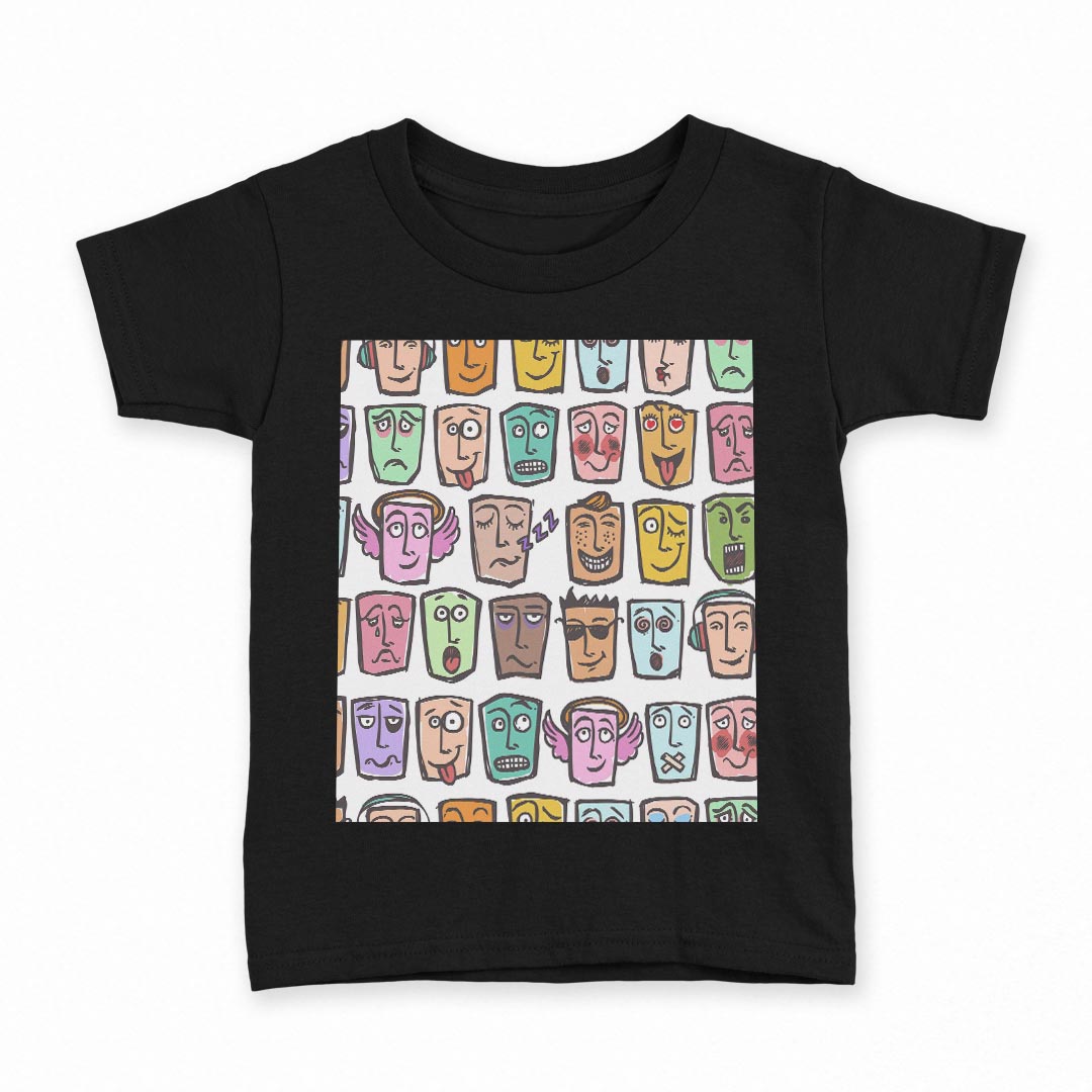 tシャツ キッズ 半袖 黒地 ブラック デザイン 90 100 110 120 130 140 150 Tシャツ ティーシャツ T shirt 008779 百面相　顔　カラフル　模様