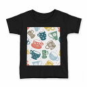tシャツ キッズ 半袖 黒地 ブラック デザイン 90 100 110 120 130 140 150 160 Tシャツ ティーシャツ T shirt 008828 イラスト カラフル カップ コップ