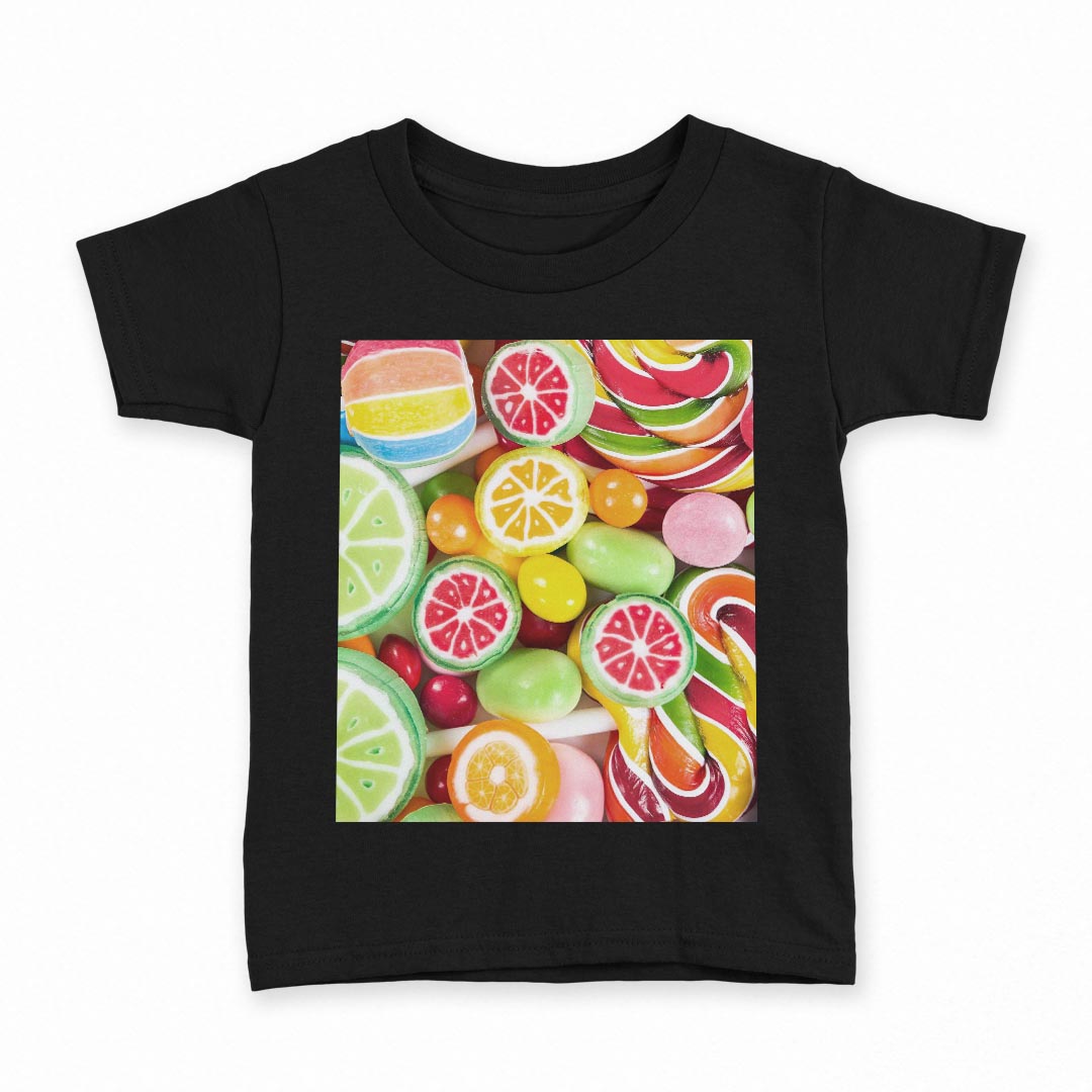 楽天kabeコレtシャツ キッズ 半袖 黒地 ブラック デザイン 90 100 110 120 130 140 150 160 Tシャツ ティーシャツ T shirt 008913 写真　カラフル　飴　お菓子