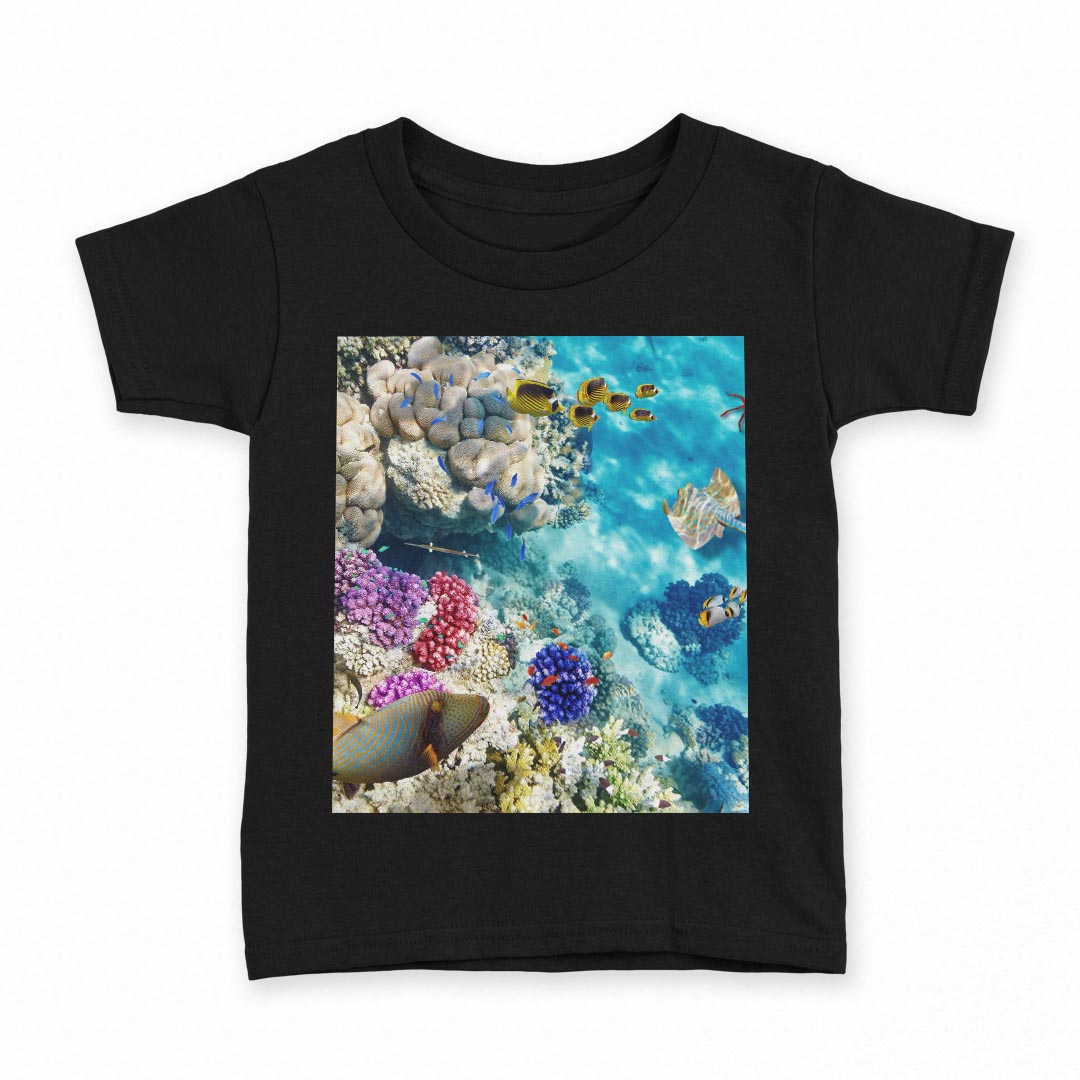 tシャツ キッズ 半袖 黒地 ブラック デザイン 90 100 110 120 130 140 150 160 Tシャツ ティーシャツ T shirt 008923 写真　魚　海　珊瑚