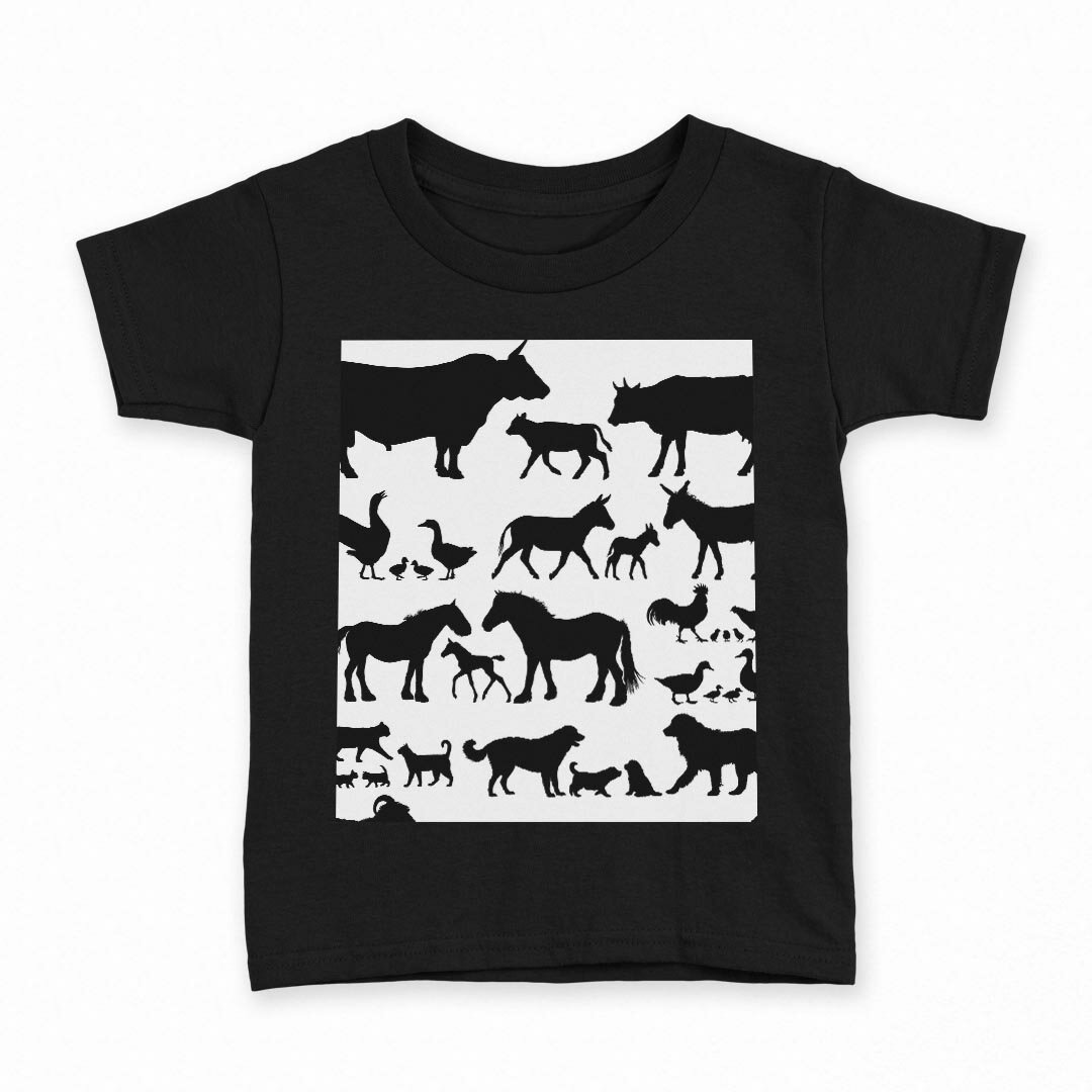 儿童 - tシャツ キッズ 半袖 黒地 ブラック デザイン 90 100 110 120 130 140 150 Tシャツ ティーシャツ T shirt 009259 モノクロ　動物　白　黒