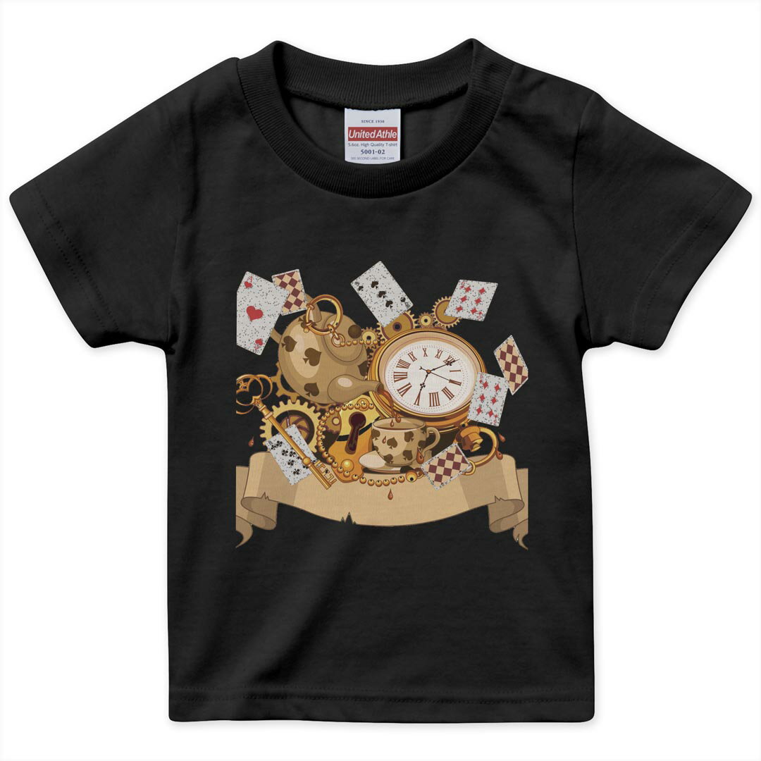 tシャツ キッズ 半袖 黒地 ブラック デザイン 90 100 110 120 130 140 150 160 Tシャツ ティーシャツ T shirt 009263 トランプ ハート アンティーク