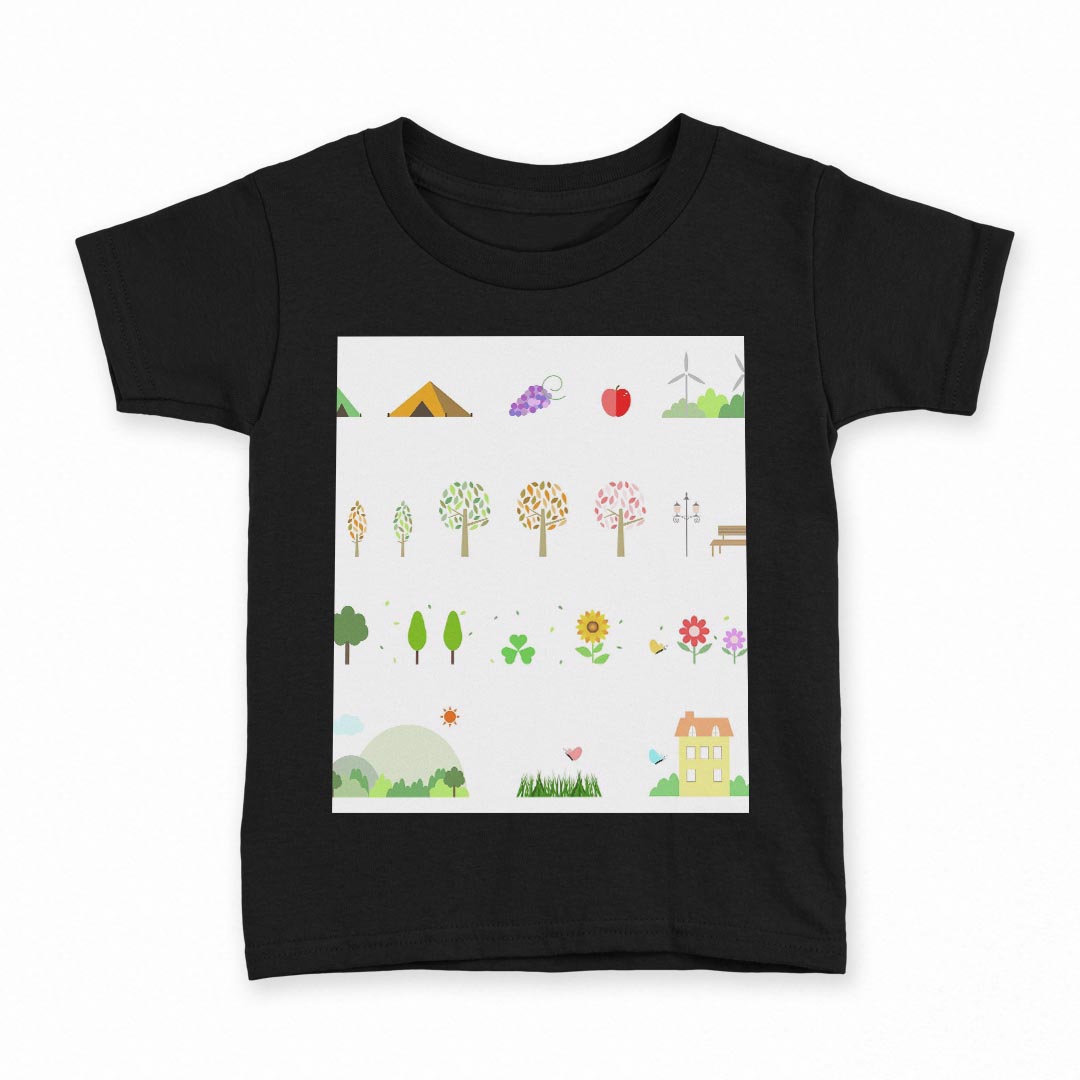 tシャツ キッズ 半袖 黒地 ブラック デザイン 90 100 110 120 130 140 150 Tシャツ ティーシャツ T shirt 009406 風景　フラワー　イラスト