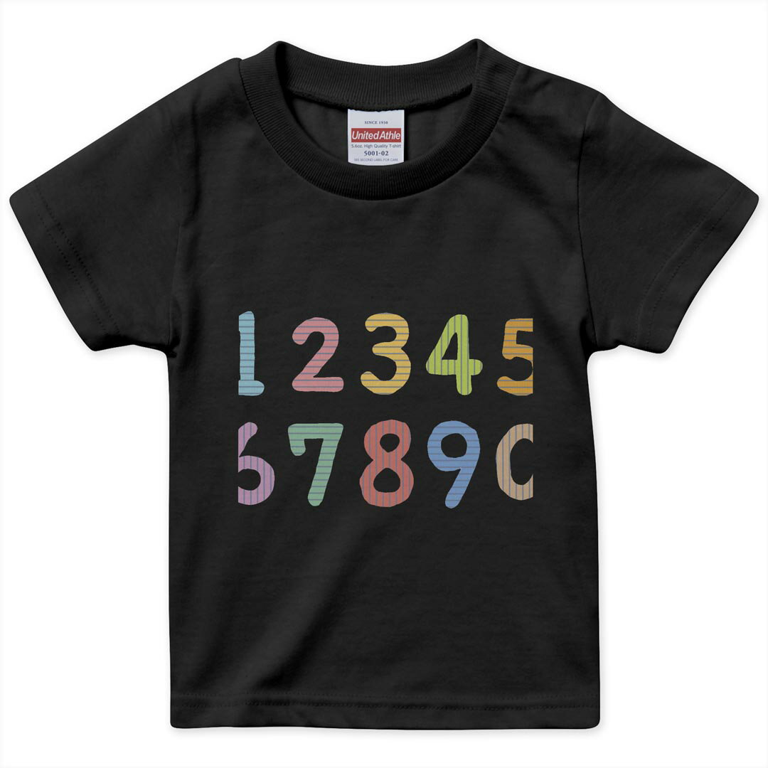 乐天商城 - tシャツ キッズ 半袖 黒地 ブラック デザイン 90 100 110 120 130 140 150 160 Tシャツ ティーシャツ T shirt 009477 数字　カラフル　ボーダー