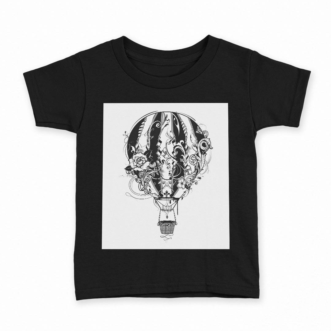 tシャツ キッズ 半袖 黒地 ブラック デザイン 90 100 110 120 130 140 150 160 Tシャツ ティーシャツ T shirt 009623 気球　フラワー　乗り物