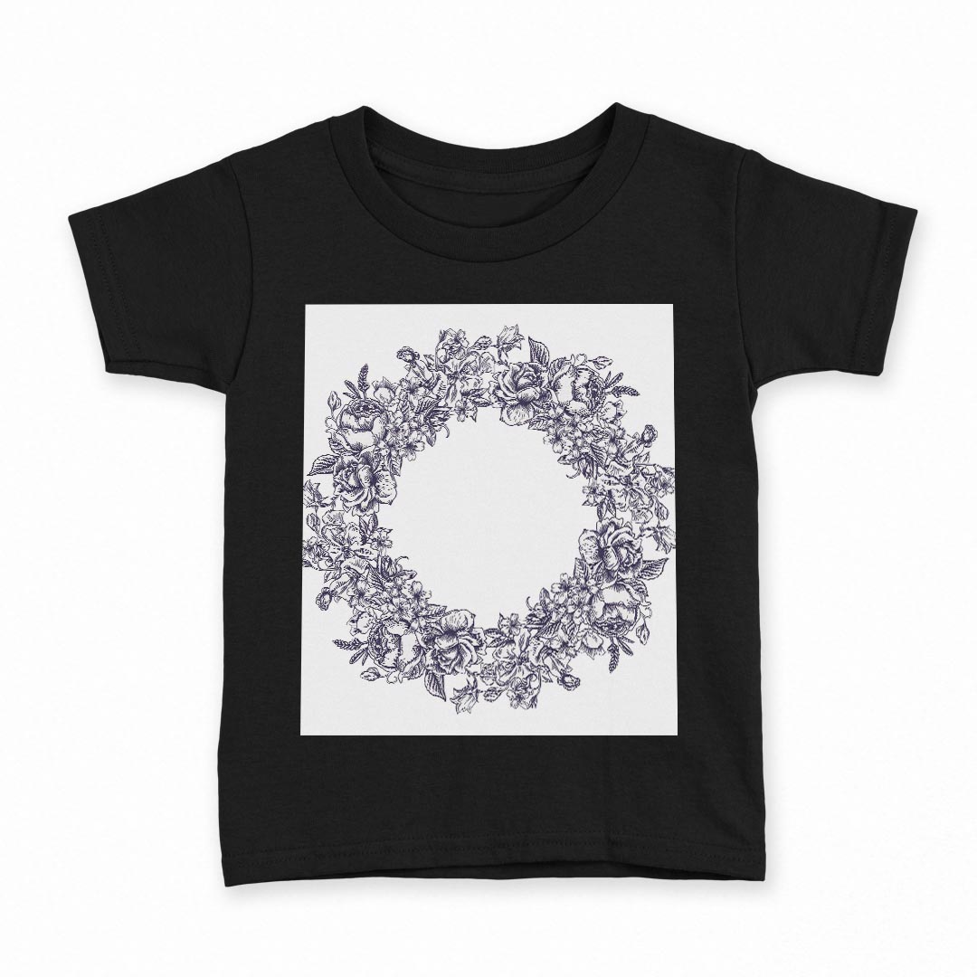 tシャツ キッズ 半袖 黒地 ブラック デザイン 90 100 110 120 130 140 150 160 Tシャツ ティーシャツ T shirt 009661 リース アンティーク フラワー