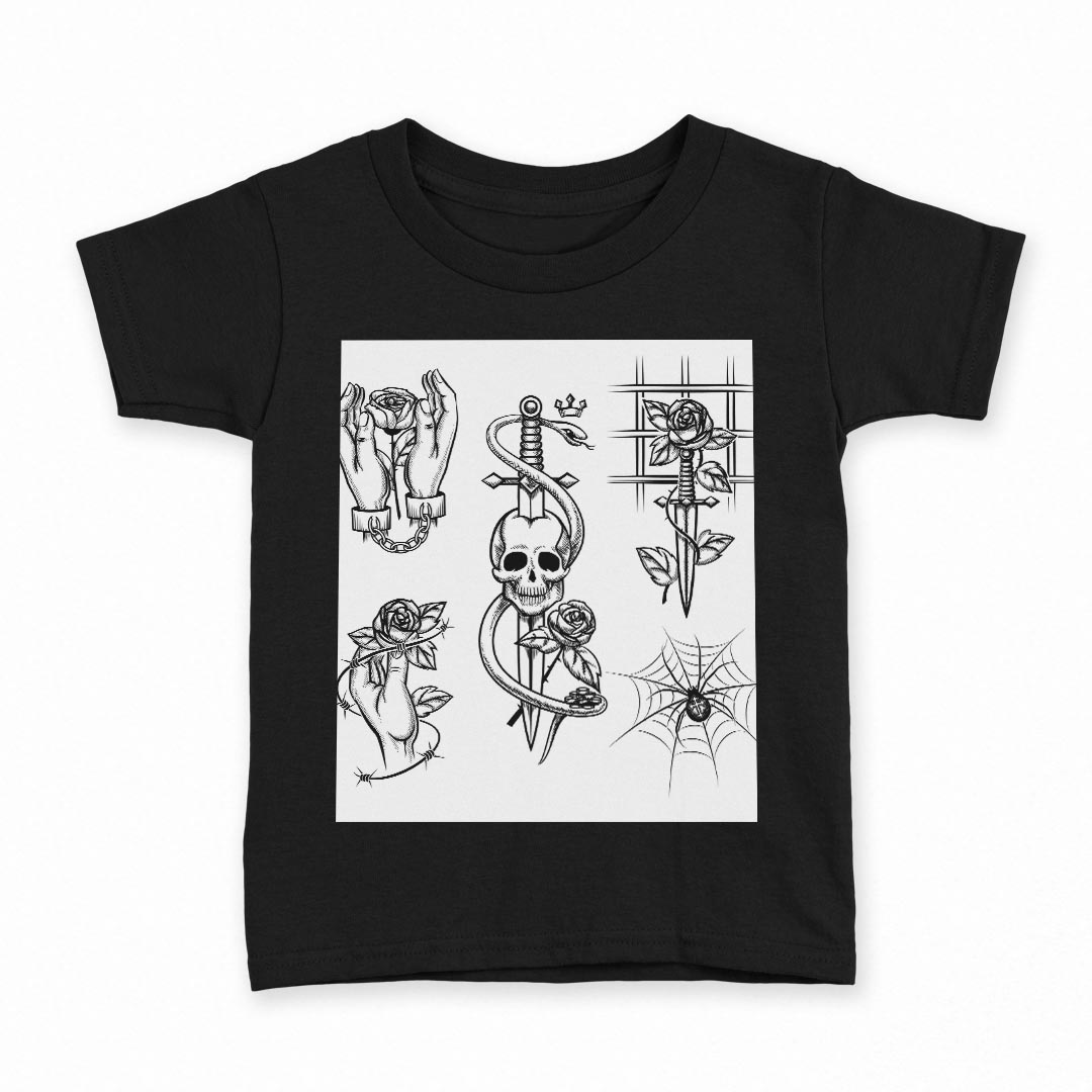 tシャツ キッズ 半袖 黒地 ブラック デザイン 90 100 110 120 130 140 150 160 Tシャツ ティーシャツ T shirt 009668 バラ ドクロ アンティーク