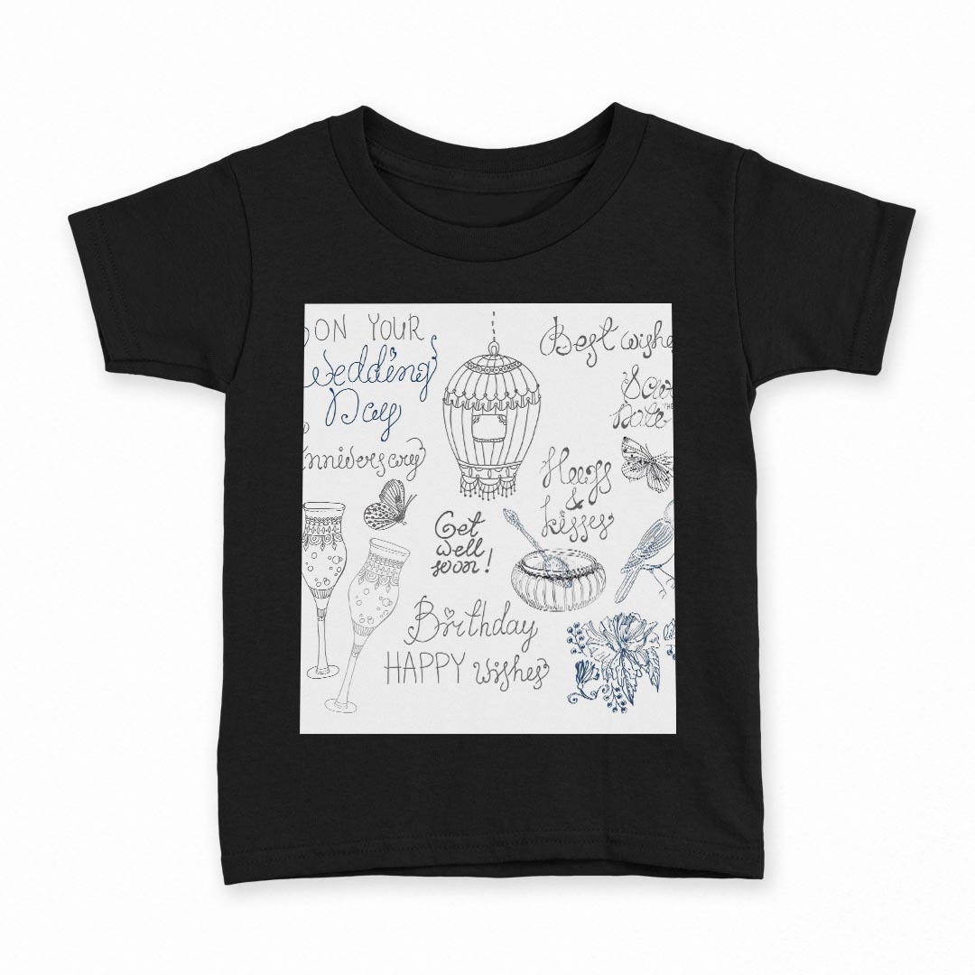 tシャツ キッズ 半袖 黒地 ブラック デザイン 90 100 110 120 130 140 150 160 Tシャツ ティーシャツ T shirt 009693 アンティーク 蝶 英語