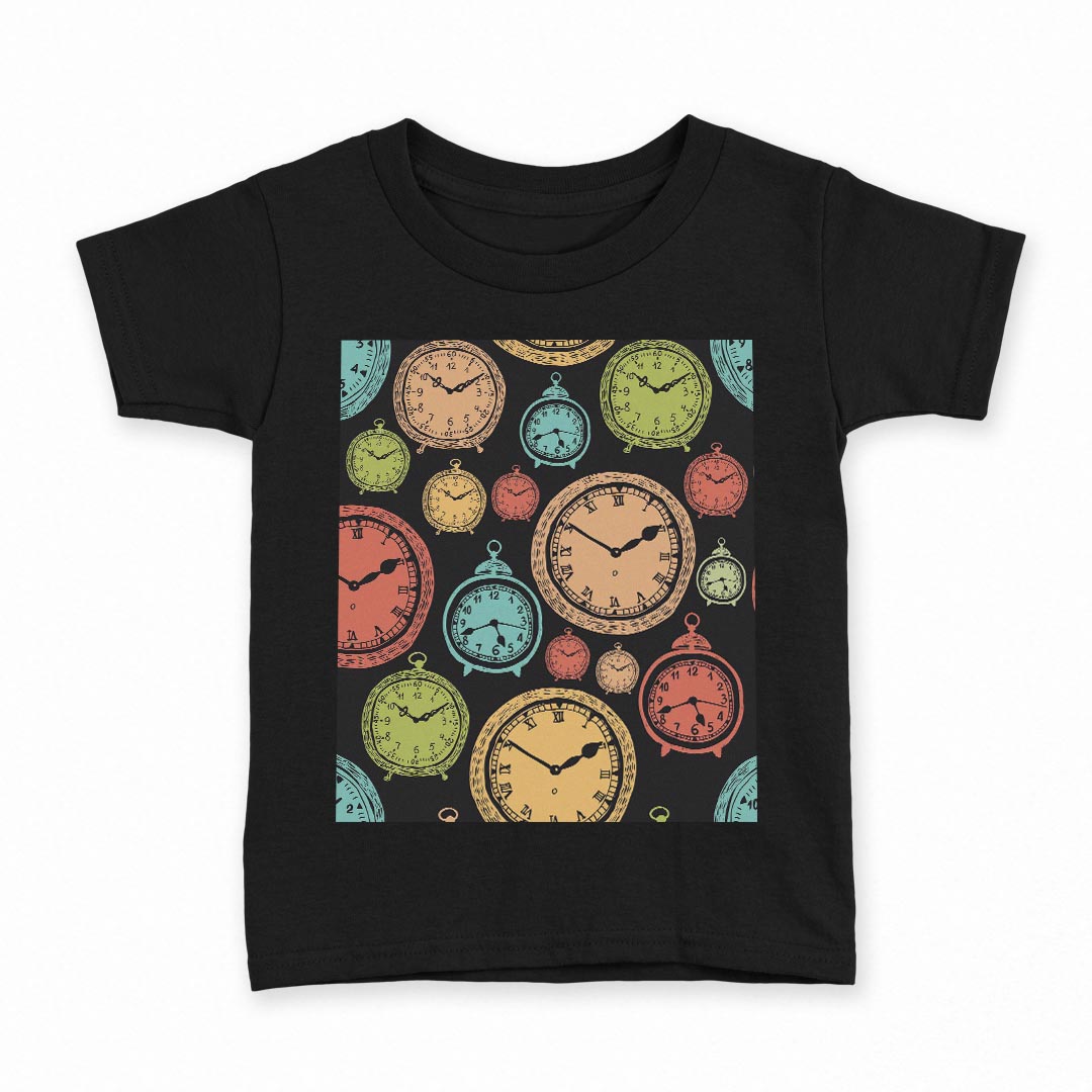 tシャツ キッズ 半袖 黒地 ブラック デザイン 90 100 110 120 130 140 150 160 Tシャツ ティーシャツ T shirt 009701 時計 アンティーク
