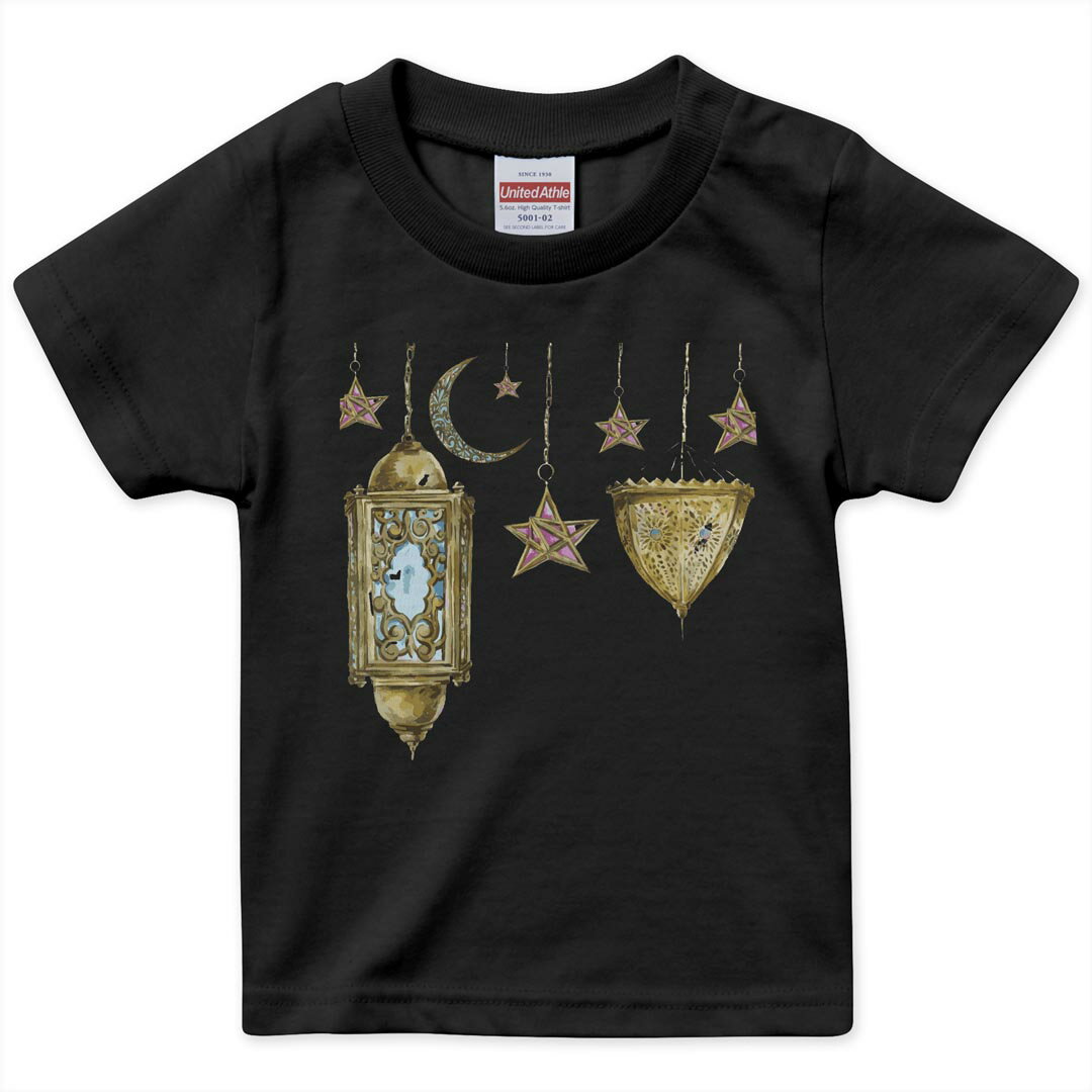 tシャツ キッズ 半袖 黒地 ブラック デザイン 90 100 110 120 130 140 150 160 Tシャツ ティーシャツ T shirt 009705 アンティーク 星 月