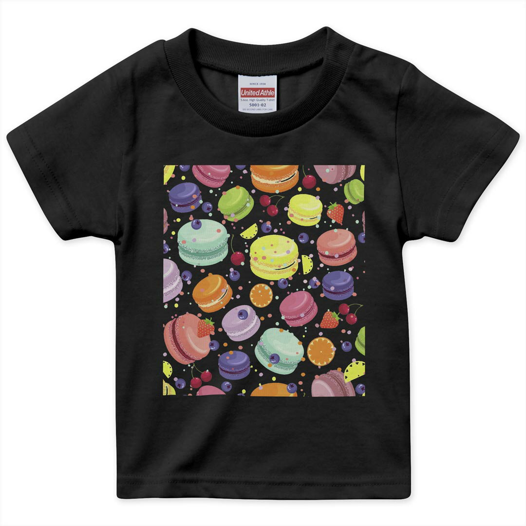tシャツ キッズ 半袖 黒地 ブラック デザイン 90 100 110 120 130 140 150 160 Tシャツ ティーシャツ T shirt 009741 デザート マカロン カラフル