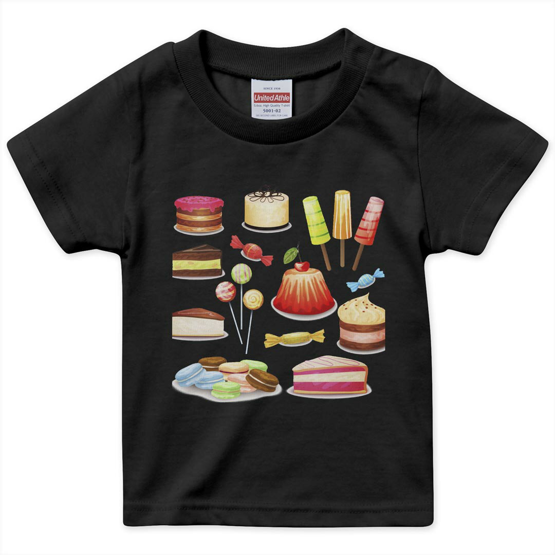 tシャツ キッズ 半袖 黒地 ブラック デザイン 90 100 110 120 130 140 150 160 Tシャツ ティーシャツ T shirt 009762 デザート マカロン カラフル