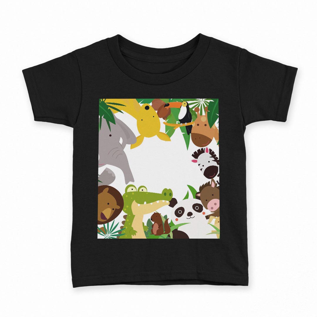 tシャツ キッズ 半袖 黒地 ブラック デザイン 90 100 110 120 130 140 150 160 Tシャツ ティーシャツ T shirt 009781 動物　サファリ　キャラクター