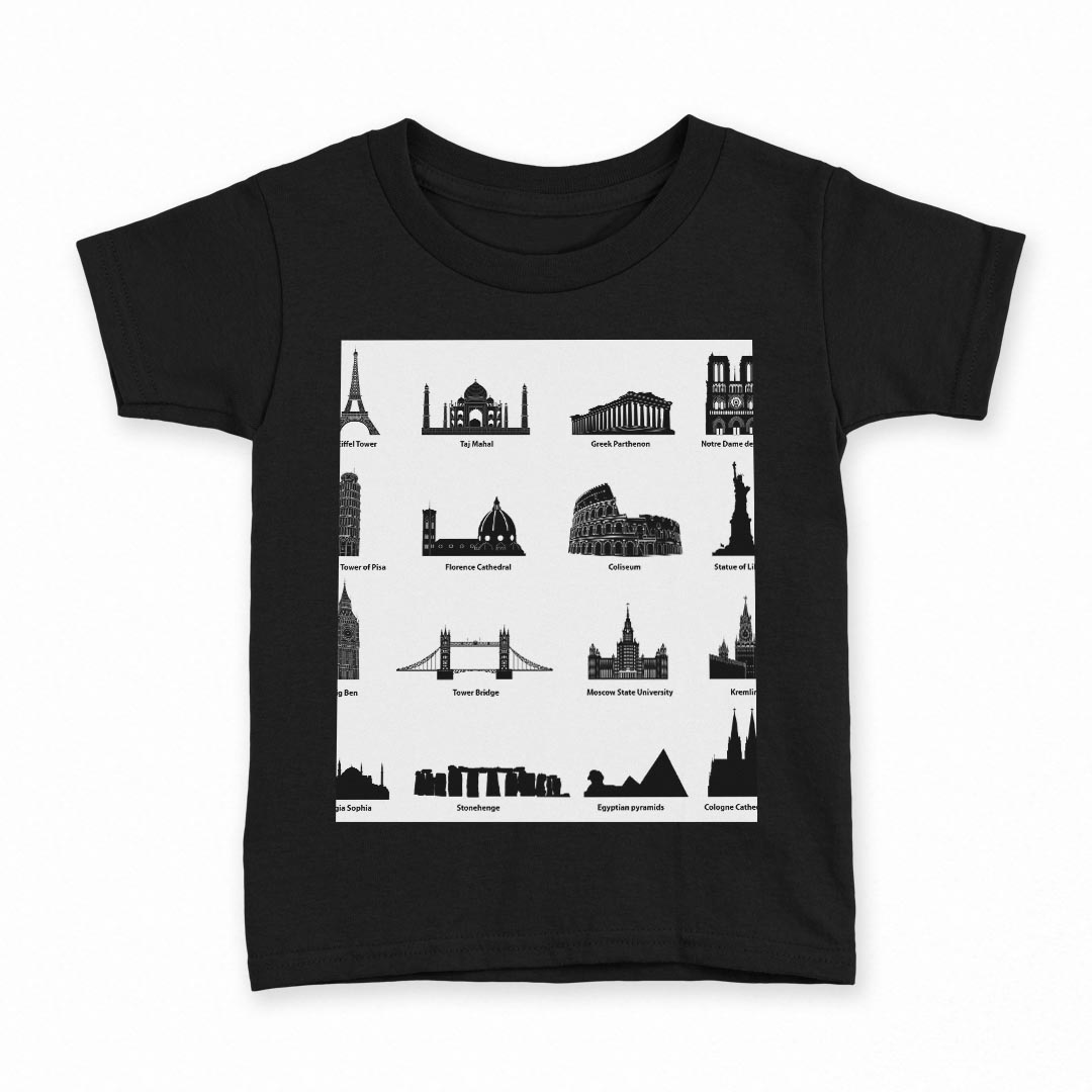 tシャツ キッズ 半袖 黒地 ブラック デザイン 90 100 110 120 130 140 150 160 Tシャツ ティーシャツ T shirt 010029 風景　外国　白　黒