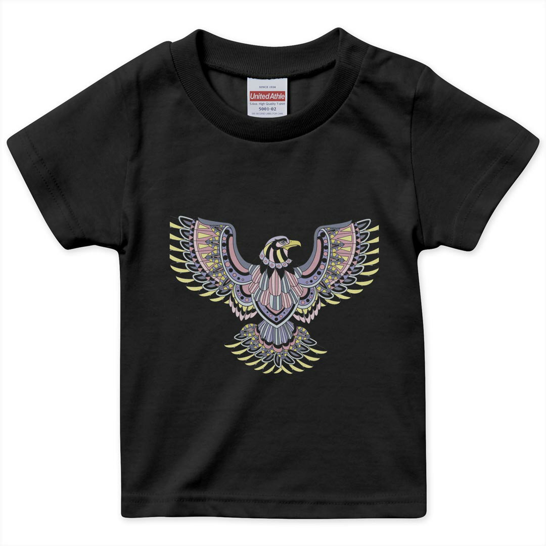 tシャツ キッズ 半袖 黒地 ブラック デザイン 90 100 110 120 130 140 150 160 Tシャツ ティーシャツ T shirt 010050 アジアン 鳥 カラフル