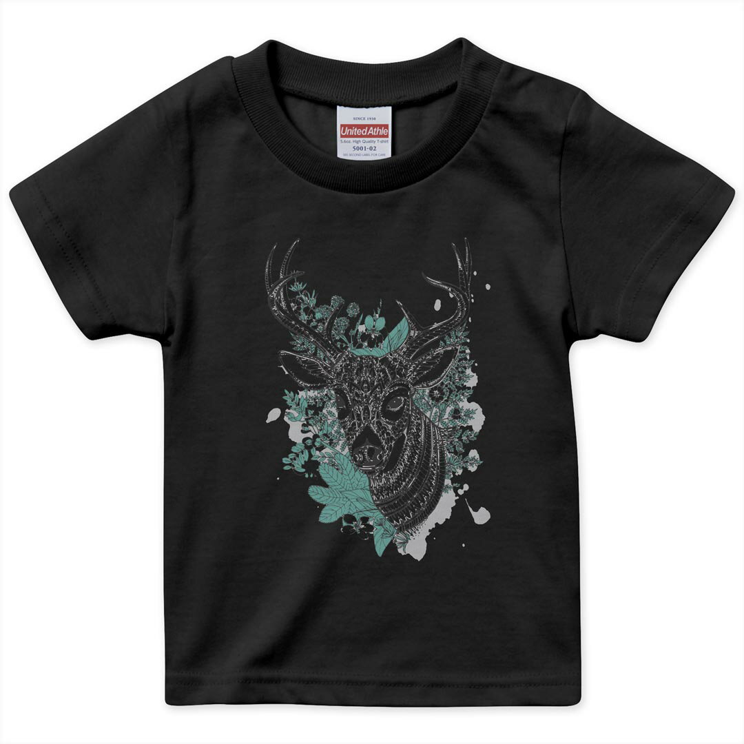 tシャツ キッズ 半袖 黒地 ブラック デザイン 90 100 110 120 130 140 150 160 Tシャツ ティーシャツ T shirt 010058 アジアン　鹿　緑