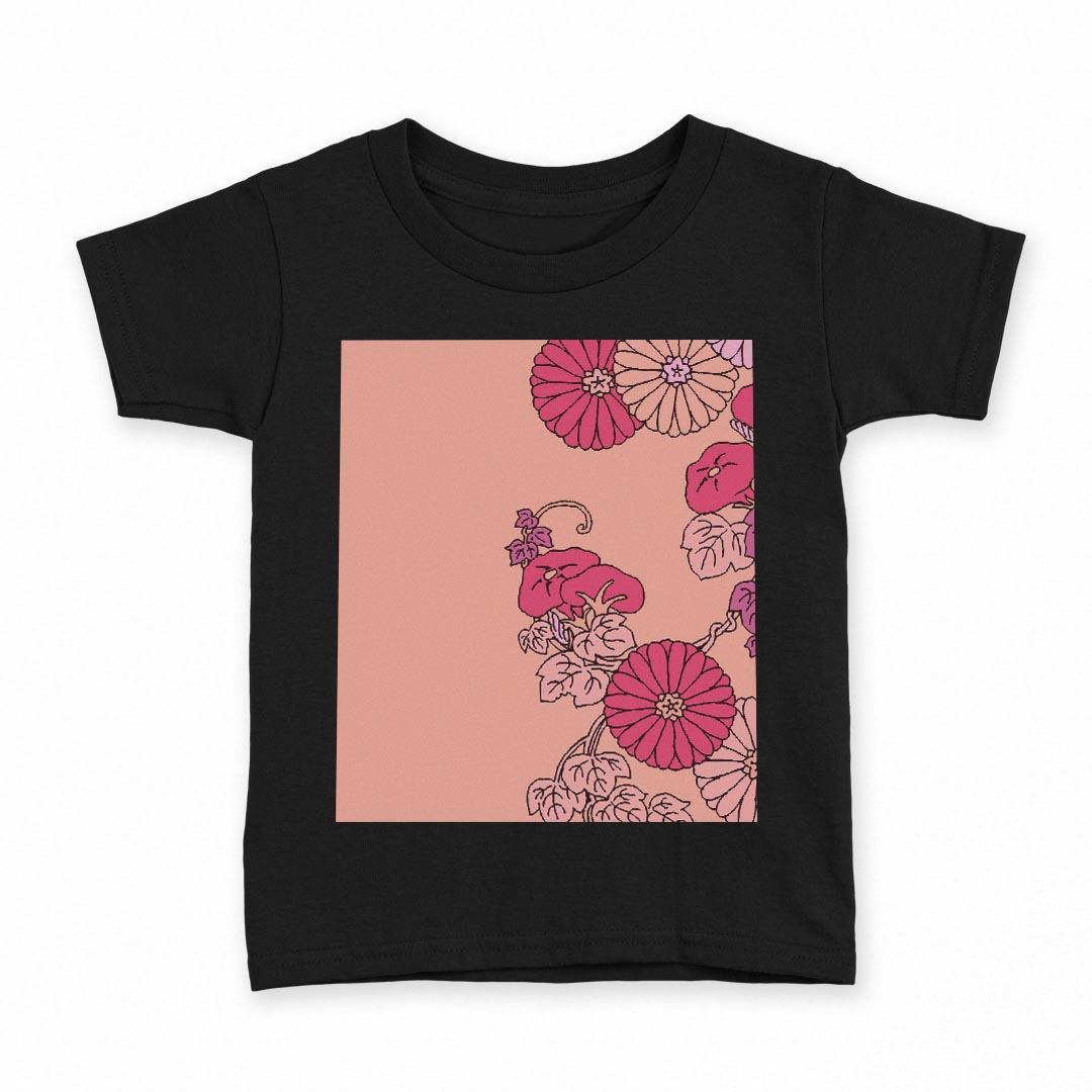 tシャツ キッズ 半袖 黒地 ブラック デザイン 90 100 110 120 130 140 150 160 Tシャツ ティーシャツ T shirt 010359 和風　和柄　フラワー