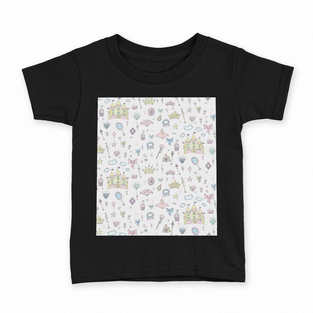 tシャツ キッズ 半袖 黒地 ブラック デザイン 90 100 110 120 130 140 150 Tシャツ ティーシャツ T shirt 010572 リボン　おしゃれ　お城