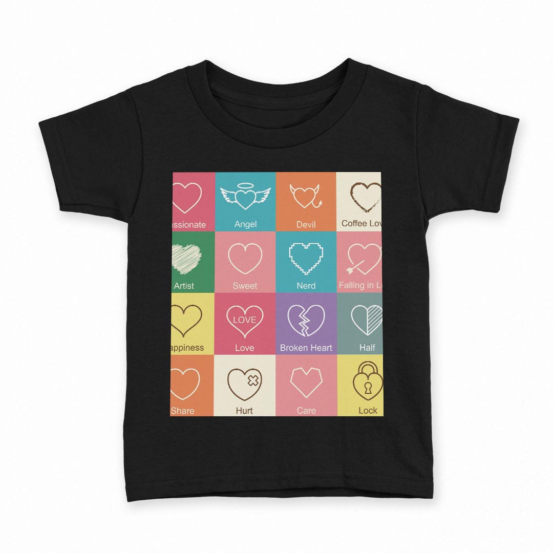 tシャツ キッズ 半袖 黒地 ブラック デザイン 90 100 110 120 130 140 150 160 Tシャツ ティーシャツ T shirt 010752 英語　ハート　羽根