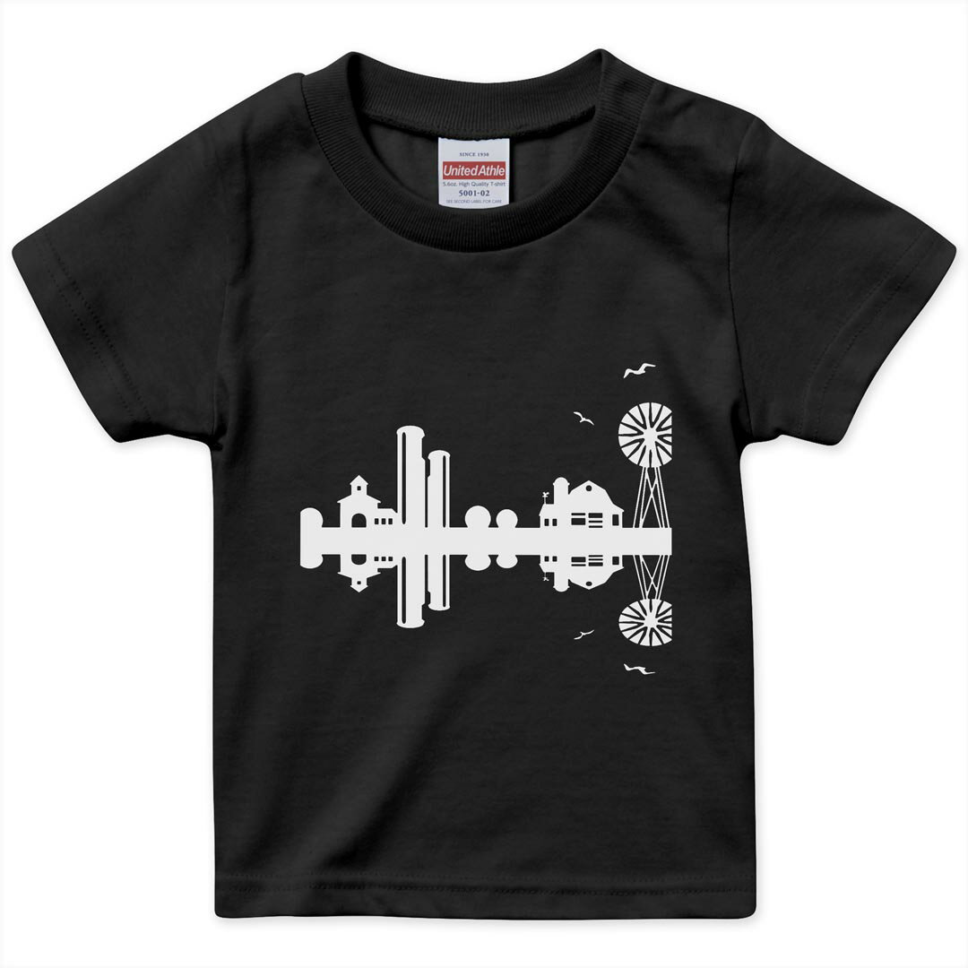 tシャツ キッズ 半袖 黒地 ブラック デザイン 90 100 110 120 130 140 150 160 Tシャツ ティーシャツ T shirt 010977 風景 海辺 白 黒