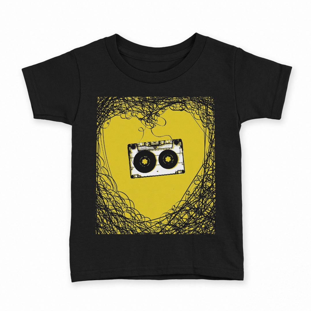 tシャツ キッズ 半袖 黒地 ブラック デザイン 90 100 110 120 130 140 150 160 Tシャツ ティーシャツ T shirt 011376 カセット　音楽　テープ