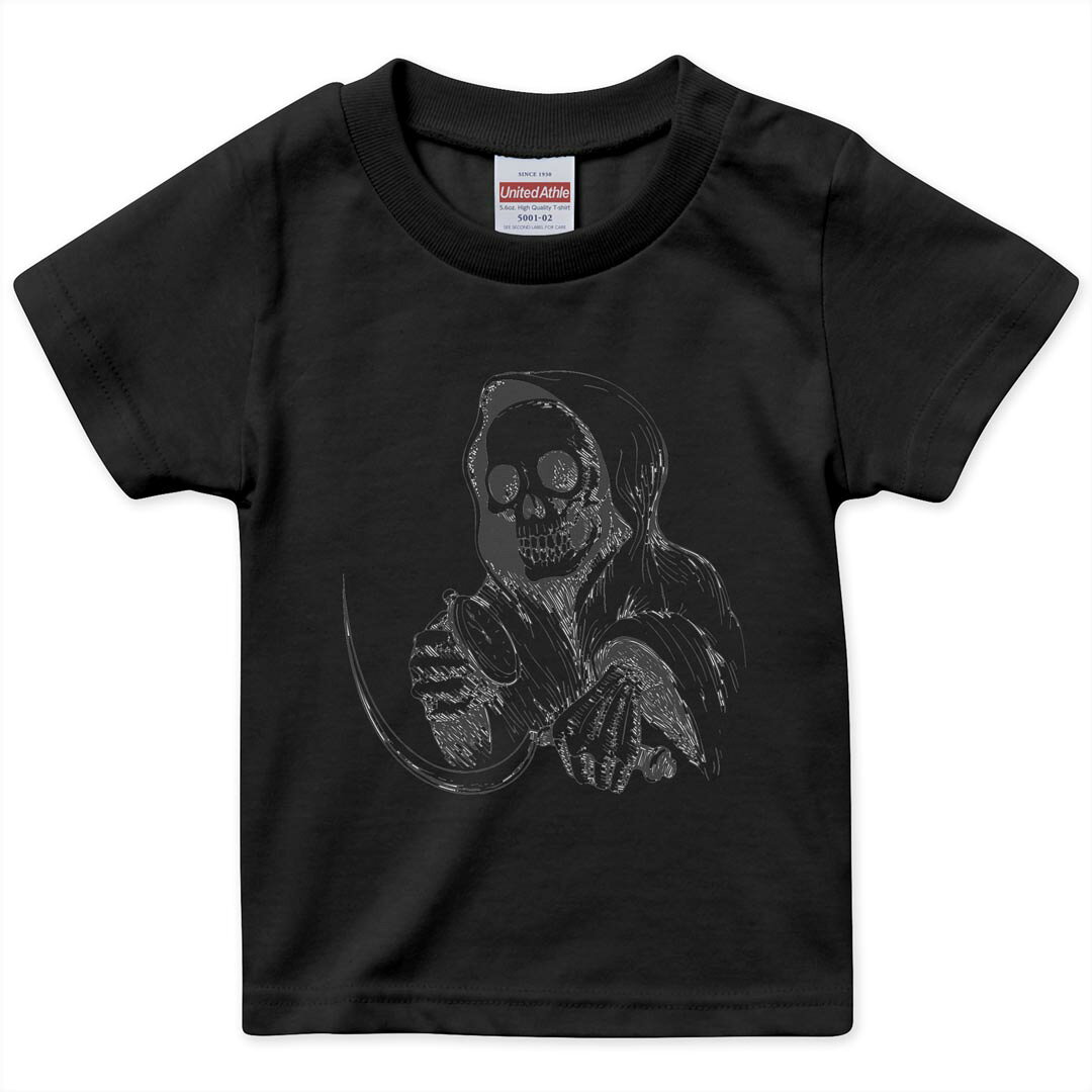 tシャツ キッズ 半袖 黒地 ブラック デザイン 90 100 110 120 130 140 150 Tシャツ ティーシャツ T shirt 011659 骸骨　ドクロ　死神