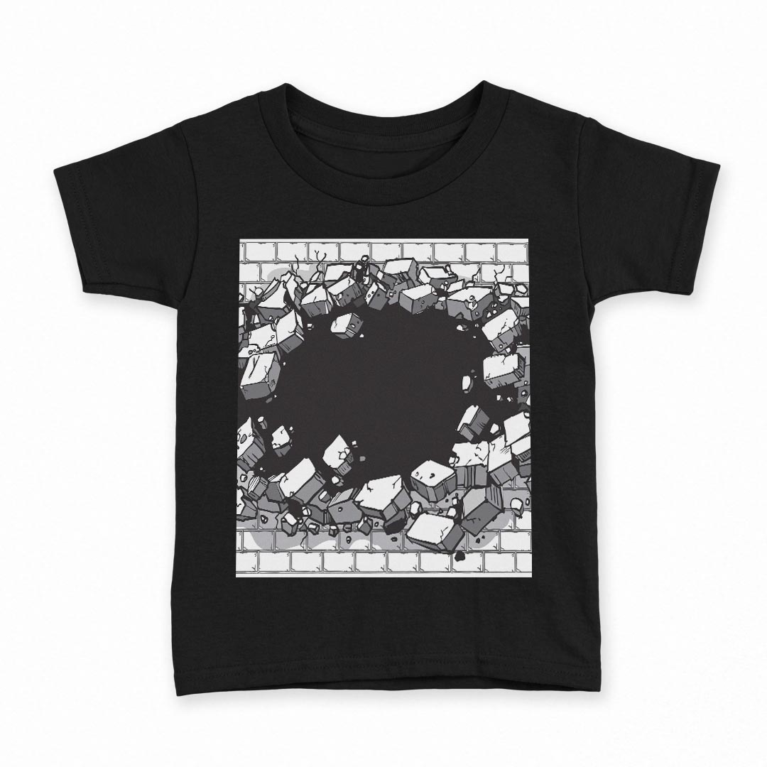 tシャツ キッズ 半袖 黒地 ブラック デザイン 90 100 110 120 130 140 150 160 Tシャツ ティーシャツ T shirt 011711 レンガ　イラスト　穴