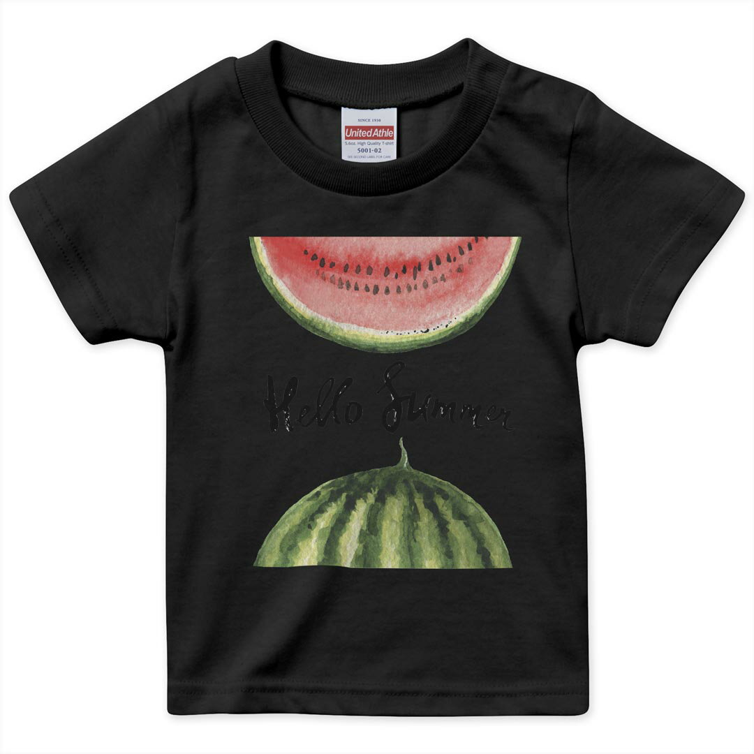 tシャツ キッズ 半袖 黒地 ブラック デザイン 90 100 110 120 130 140 150 160 Tシャツ ティーシャツ T shirt 012062 英語　スイカ　果物