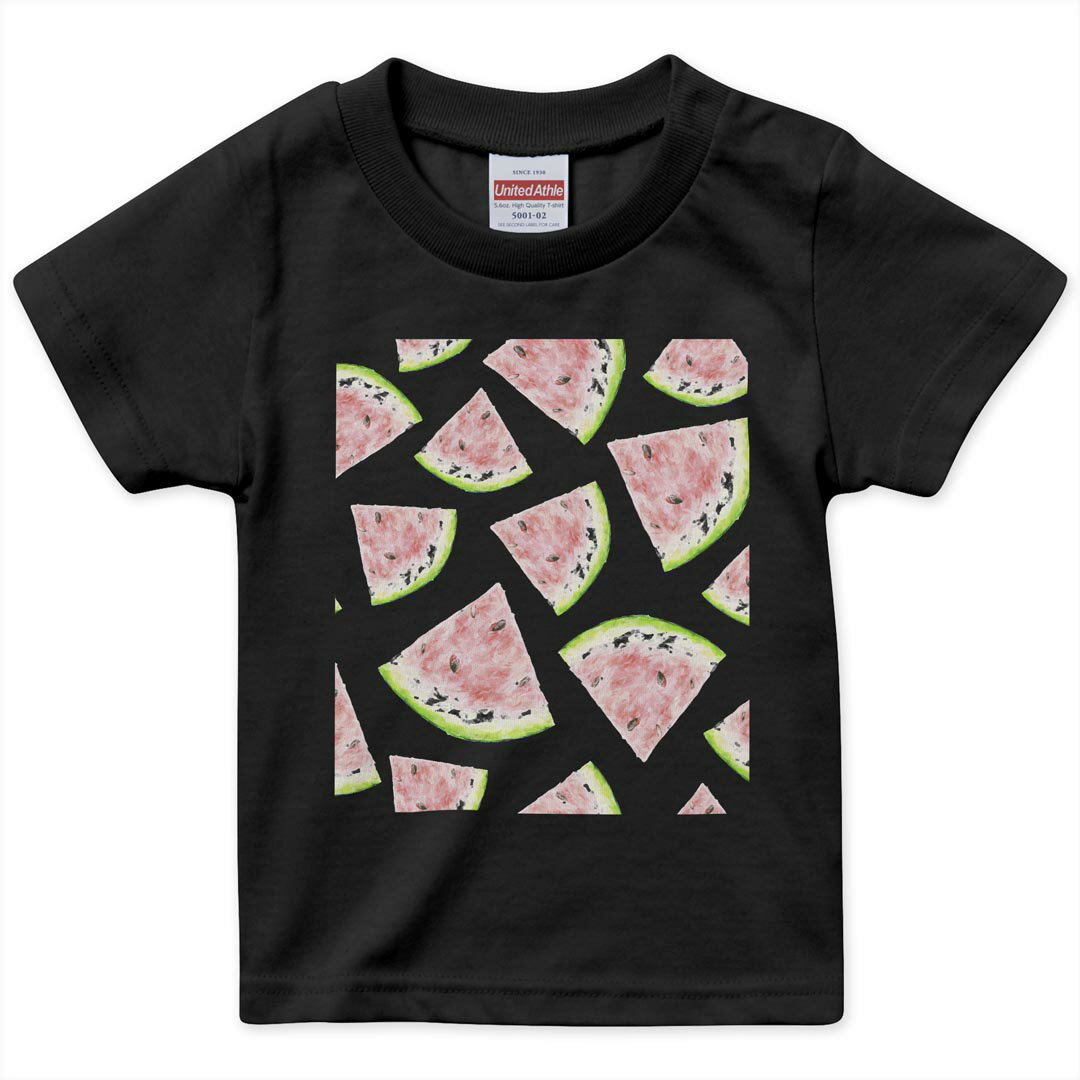 tシャツ キッズ 半袖 黒地 ブラック デザイン 90 100 110 120 130 140 150 160 Tシャツ ティーシャツ T shirt 012205 スイカ　果物　夏